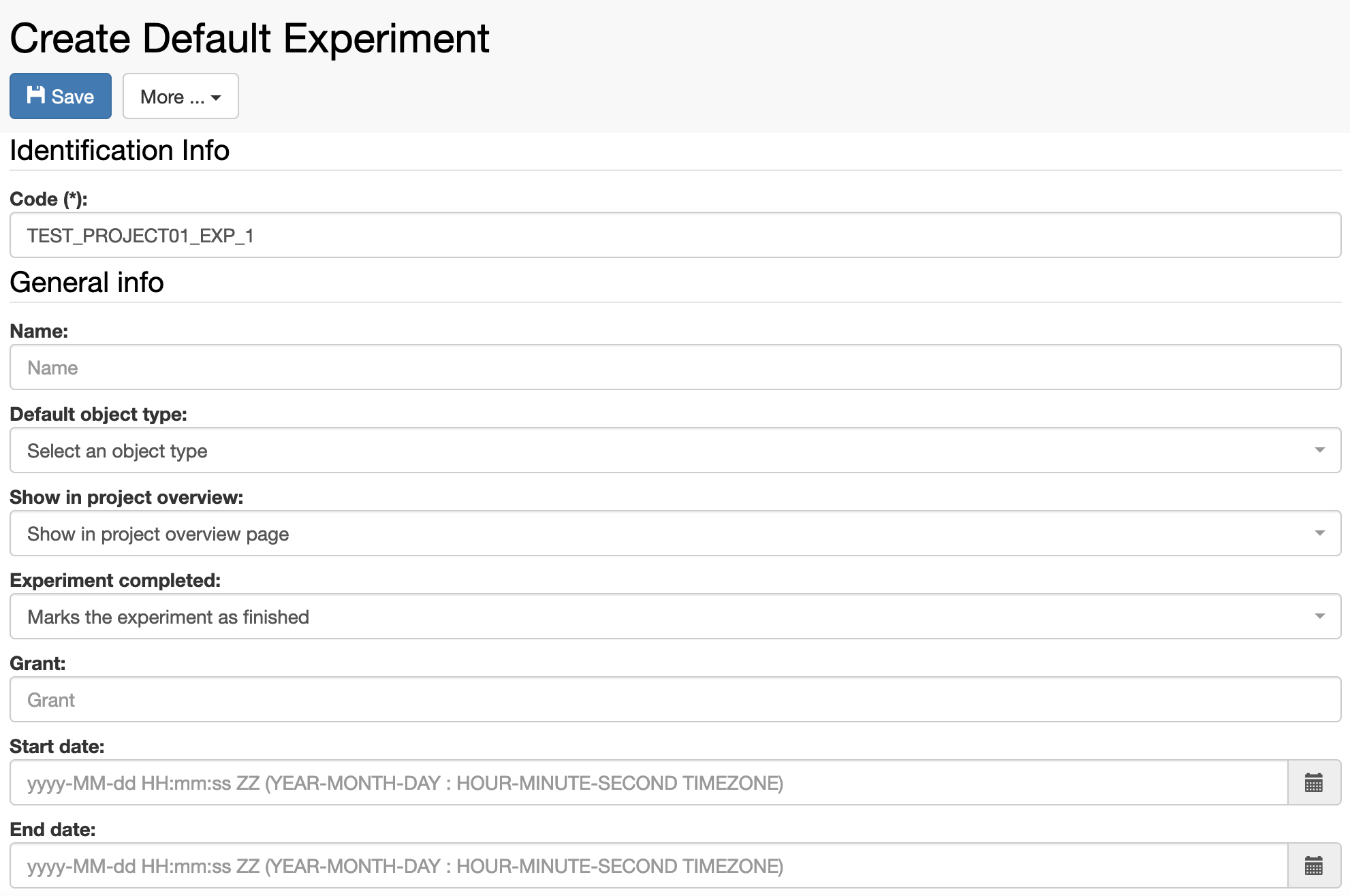 openbis create default experiment01